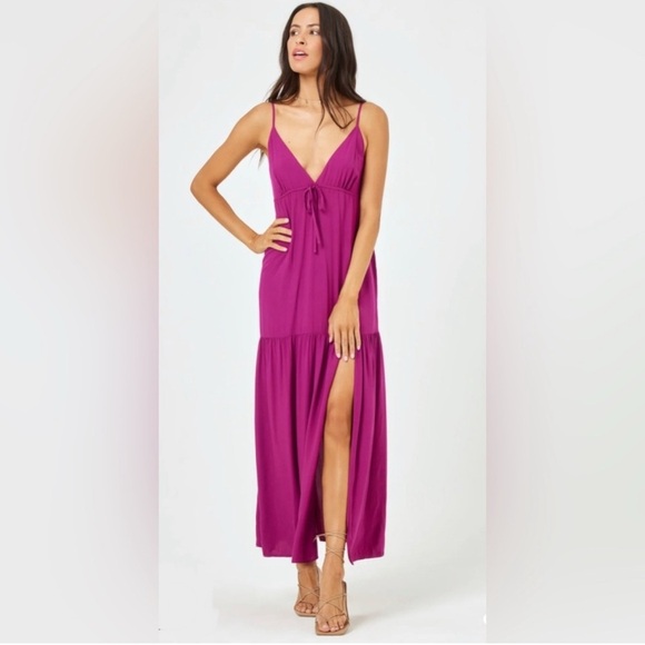 L Space Victoria Maxi Dress V Neck Tiered XS Raspberry New Beachy Vacation Chic - Picture 1 of 16